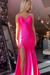 Cheap 2025 Fuchsia Prom Dress Satin Mermaid Long Formal Wears -Mychicdress